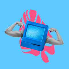 Modern art collage in pop-art style. Human muscled hands isolated on blue neon background with...
