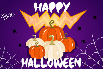 Vector illustration with a banner for Halloween or an invitation to a party with cobwebs, pumpkins and a sinister mouth on a purple background. Happy test for Halloween, a traditional autumn holiday