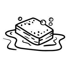 Sponge for washing dishes with foam, water and bubbles. Linear hand-drawn icon.