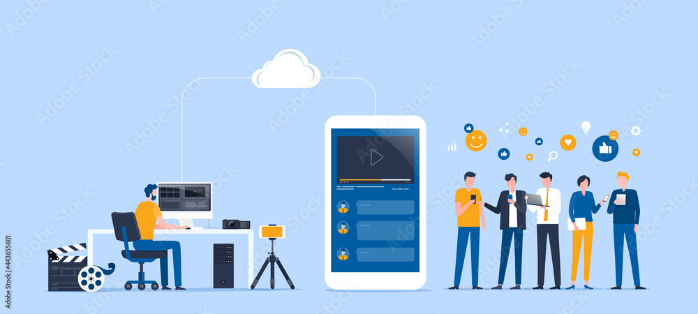 Poster flat vector illustration video editor team working and making a video clip for online upload and share work on cloud with group people target on social network concept