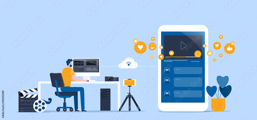 Aufkleber flat vector illustration video editor team working and making a video clip for online upload and share work on cloud with group people target on social network concept