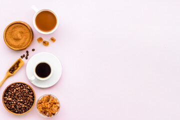 Coffee chocolate and cocoa set - beans with powder and hot drink, top view