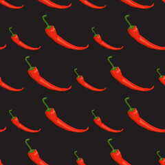 Seamless pattern with chilli peppers. Vibrant print with red hot vegetables. Background for menu or food design. Vector flat illustration