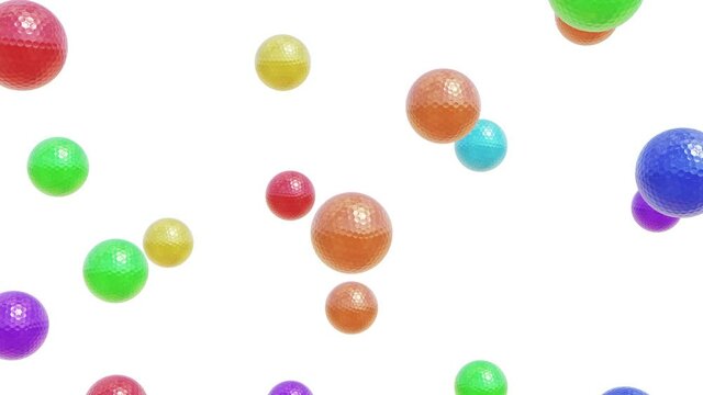 Realistic looping 3D animation of the falling colorful golf balls rendered in UHD with alpha matte