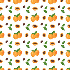 Seamless background with apricots, seeds and leaves. A cute summer or spring print with whole and halved fruit. Festive decoration for textiles, wrapping paper and design. Vector flat illustration