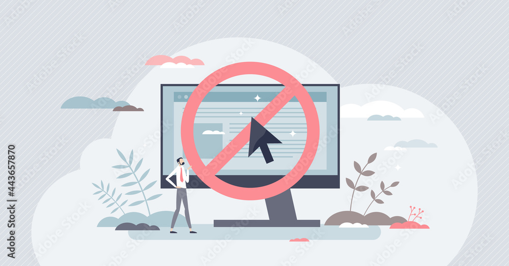 Aufkleber banned website and forbidden risky internet browser site tiny person concept. suspicious online warn