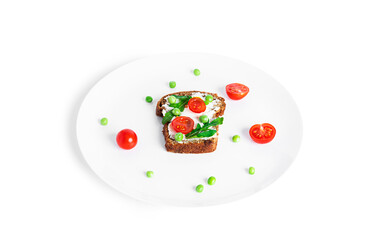 Bruschetta with cream cheese and vegetables isolated on a white background. Toasts isolated. Sandwich isolated. Sandwich with vegetables and cheese.