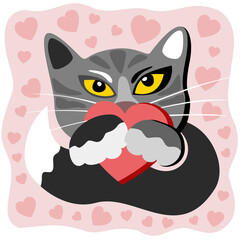 Vector isolated illustration of black cat with a heart in paws. Curled up into a ball. Long black tail with white tip on it. Slanted yellow bright eyes. Long moustache. Pink background with hearts.