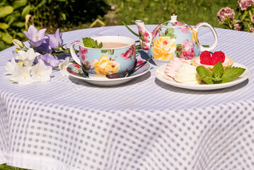 Tea drinking in the garden in the fresh air of herbal aromatic tea with a sweet dessert. 