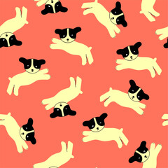 Cute pattern with black and white  puppies on  pink background in hand-drawn sketch style. Fun print in modern style for fabric, kids wear, wallpaper