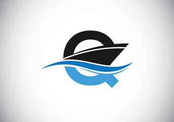 Capital letter Q with the ship, cruise, or boat logo design template, Yacht icon sign symbol with ocean waves vector illustration
