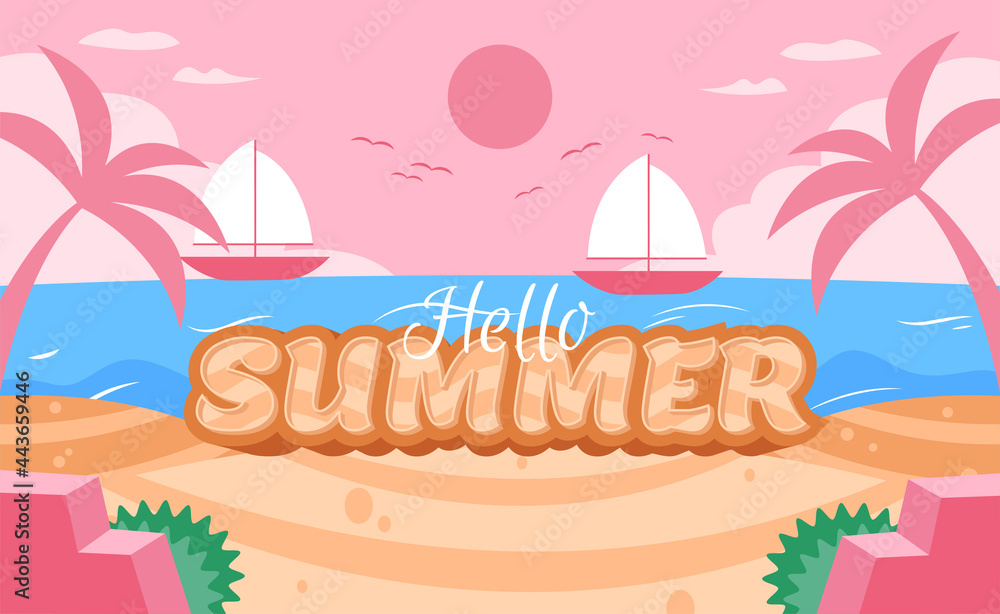 Poster 3d text effect with hello summer on beach. typography with beach background.