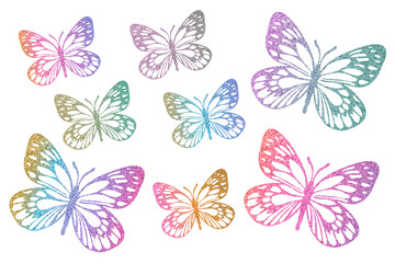 Fototapeta na wymiar Butterflies outlines silhouette glitter textured. Clip art set isolated