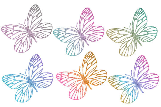 Butterflies outlines silhouette glitter textured. Clip art set isolated on white