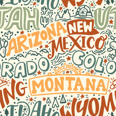 Around the World. AMERICAN MOUNTAIN STATES vector lettering seamless pattern. Country and major cities. Vector illustration