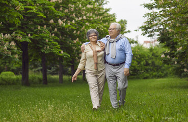 Naklejka na ściany i meble Senior man and woman are walking on green grass in the park among the trees. Man and woman hug each other, wear glasses, happy family life. Walk in the fresh air