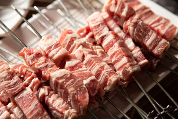 Raw lamb skewers on a plate