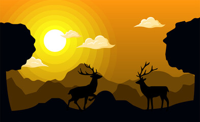 Vector illustration of deer and tropical rainforest horizontal panorama in silhouette style with trees and mountains, forest concept.