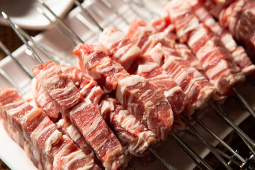 Raw lamb skewers on a plate