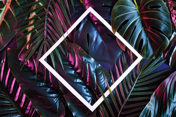 Creative background with moody tropical plants and white frame for copy space. Illuminated reflection jungle for poster.
