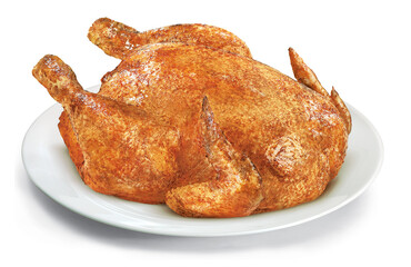 Roasted chicken on plate on white background
