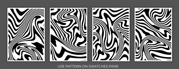 Black and white abstract poster design with liquid lines. White curves and wavy lines on dark black background. A4 size. Ideal for banner, flyer, invitation, cover, business card. Vector illustration