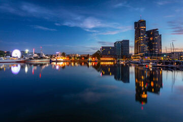 Panorama of the marina in Gdynia with modern architecture at dusk. Poland