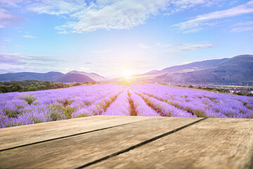 empty table, for your products on the background of a lavender field