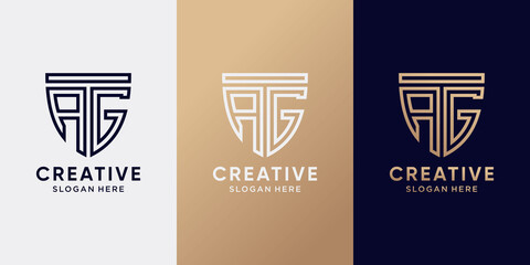 Symbol of shield logo design initial letter AG with line art style and creative concept. Logo design template for business company and personal