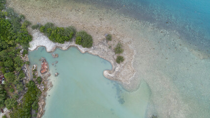 Small Island off Koh Samui in the Gulf of Thailand Aerial Drone View with copy space Archipelago of...