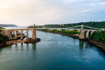 Aerial view of Telford's Suspension Bridge Across The Menai Starights - Wales, UK.