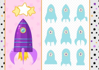 Find the correct shadow. Printable worksheet. A4 lanscape horizontal page. Rocket. Educational game for children. Vector