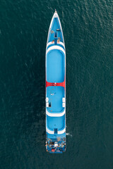 Ferry Ship passenger liner birds eye view drone aerial view top down no people and copy space