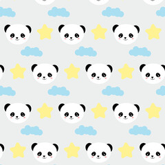 Obraz premium Cute cartoon panda bear seamless pattern, animals on background, for kids. Pandas with clouds and stars.