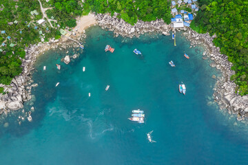 Hin Wong Bay, Koh Tao Island Ko Tao Island Thailand Drone Aerial Shot with Copy Space blue green turquoise landscape 