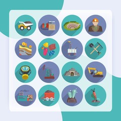 Mining icons flat set with miner hammer truck bulldozer isolated vector illustration