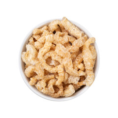 Fried pork cracklings on a bowl isolated over white background