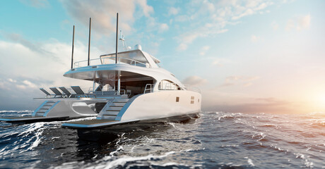 Luxury motor yacht on the ocean - obrazy, fototapety, plakaty
