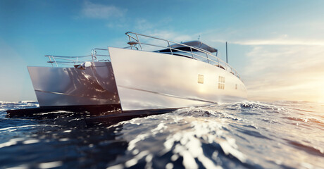 Catamaran motor yacht on the ocean