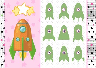 Find the correct shadow. Printable worksheet. A4 lanscape horizontal page. Rocket. Educational game for children. Vector