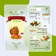 Traditional food premium restaurant menu template with hot dishes salads and meat vector illustration