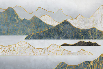 Silhouettes of mountains with river and moon. Abstraction of textured plaster with gold elements. Mural, Wallpapers for interior printing
