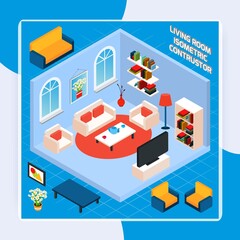 Isometric Living Room Interior vector design illustration