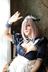 Japan anime cosplay portrait of girl with comic maid costume