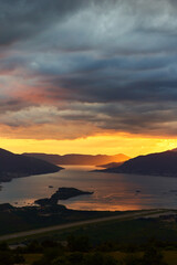 View of the Tivat Bay and the airport runway. Sunset in the Tivat Bay