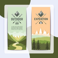 Tourism hiking holidays forest landscape with mountain peaks and two vertical banners set abstract isolated vector illustration