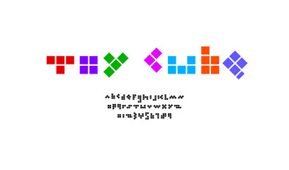 Childish cute font, trendy toys alphabet, bold Latin letters and Arab numbers made in squares, vector illustration 10eps