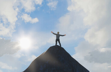 the concept of a successful business and achieving a goal, a person of  businessman on the top of a mountain render 3d