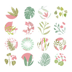 Abstract decor with plants. A set of spotted flowers in the boho style. Modern organic forms, hand-drawn illustration