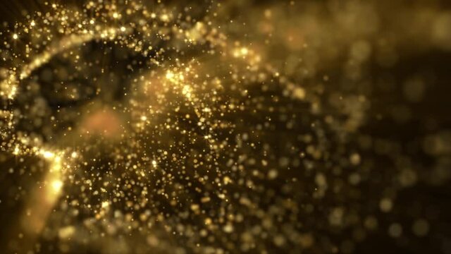 4K Abstract background animation shining gold particles and dust flowing in space forming rotating spiral form loop